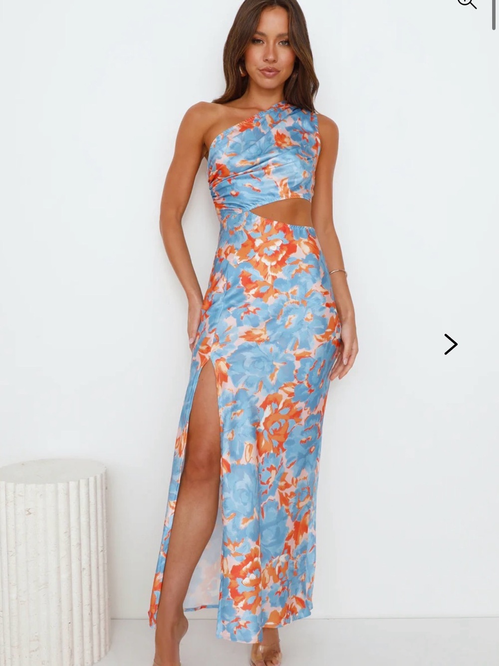 NWT One-Shoulder Cutout Floral Maxi Dress in Sky Blue & Orange